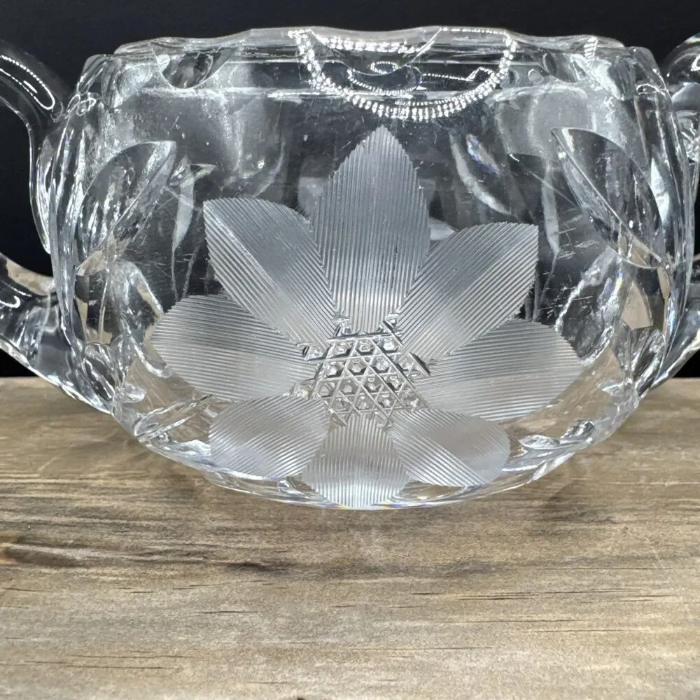 Etched Glass Clear Cut Flower Design Sugar Bowl with Two Handles Solid Heavy